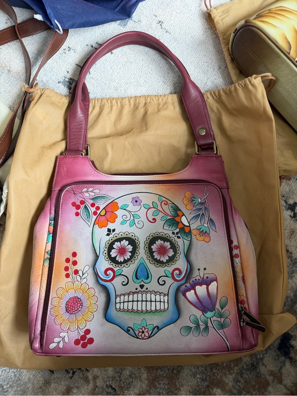 Anuschka Pink Sugar Skull Floral Shoulder Bag